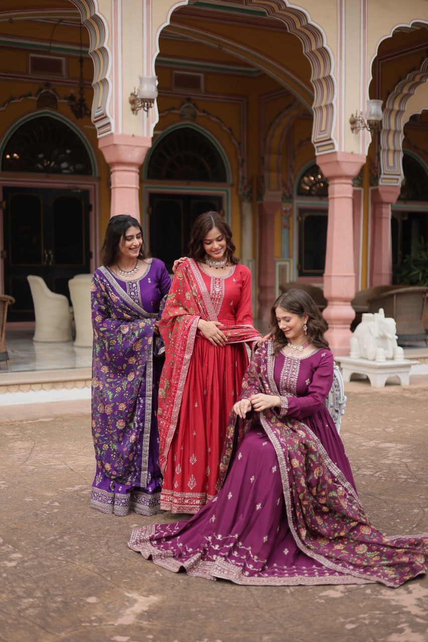 Chinon Sequins Embroidered Gown with Kalamkari Dupatta
