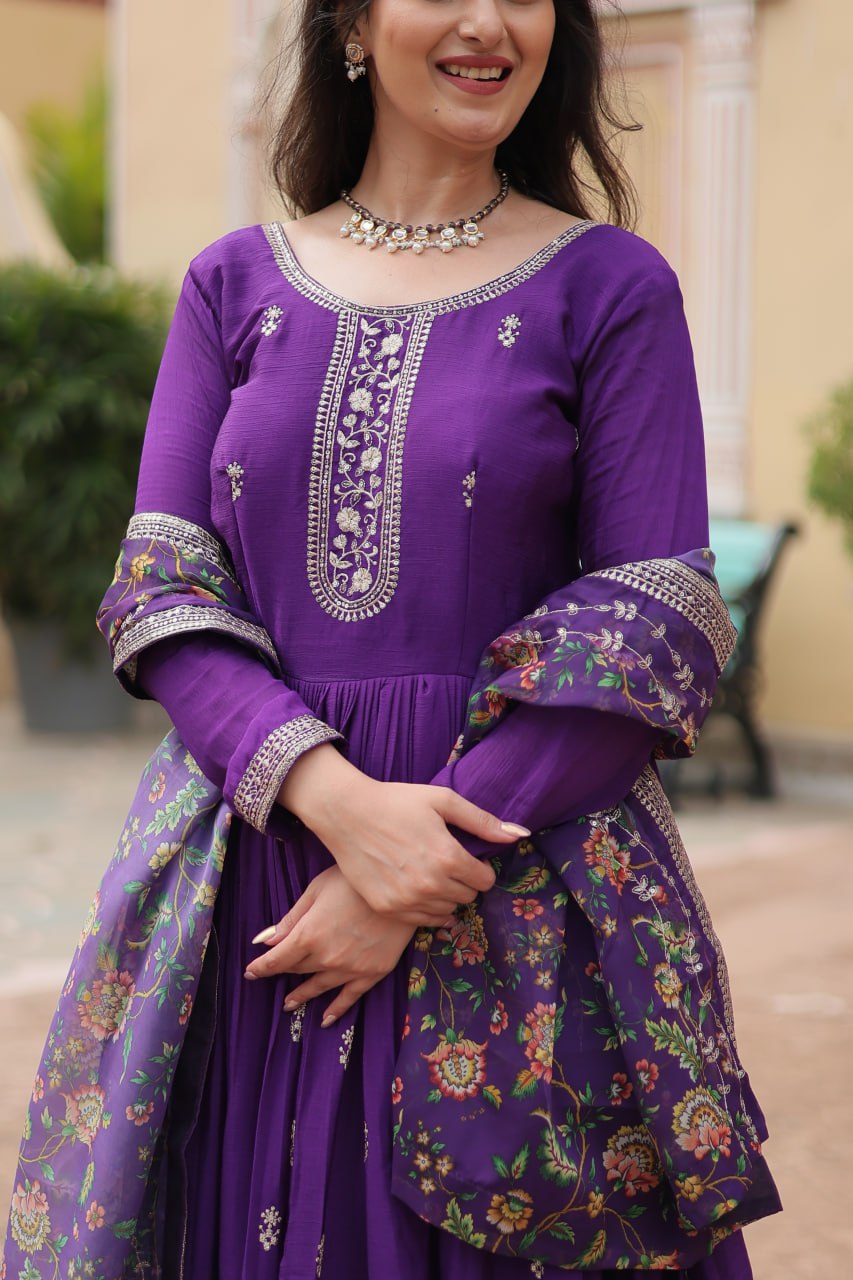 Chinon Sequins Embroidered Gown with Kalamkari Dupatta