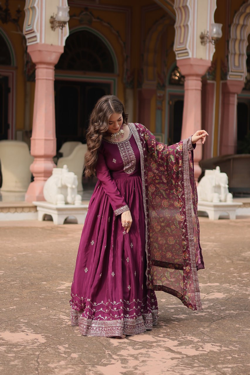 Chinon Sequins Embroidered Gown with Kalamkari Dupatta