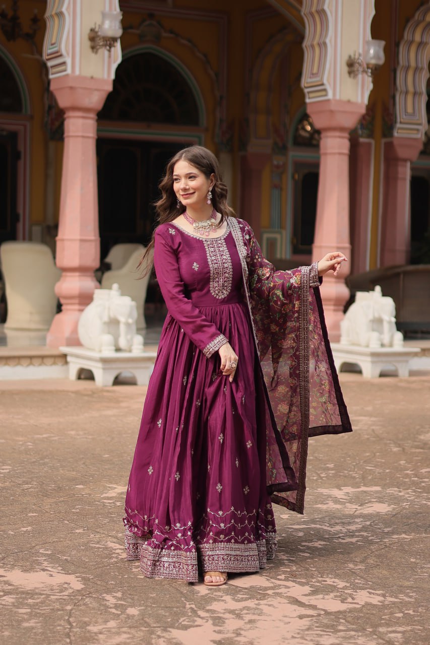Chinon Sequins Embroidered Gown with Kalamkari Dupatta