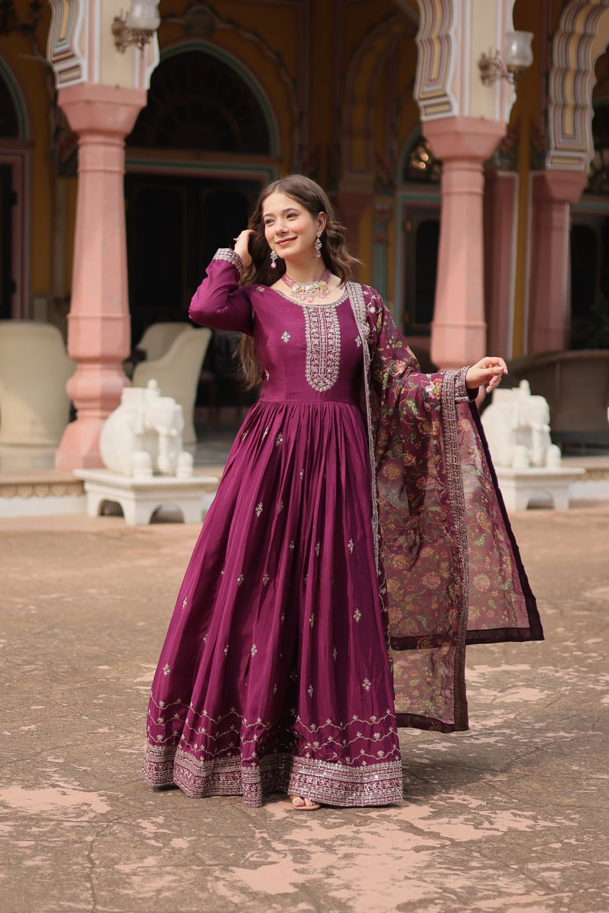 Chinon Sequins Embroidered Gown with Kalamkari Dupatta