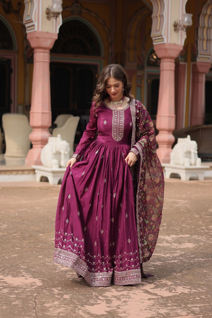 Chinon Sequins Embroidered Gown with Kalamkari Dupatta