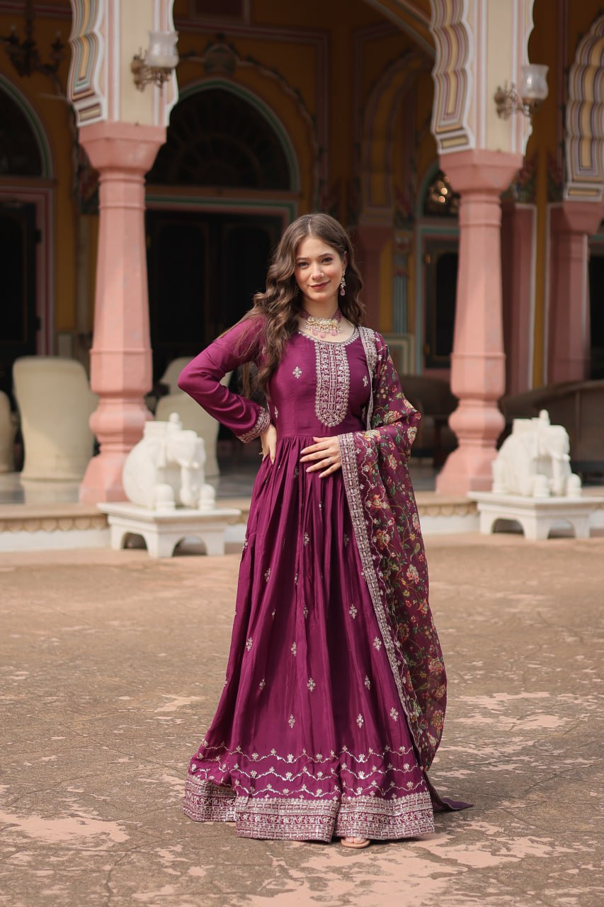 Chinon Sequins Embroidered Gown with Kalamkari Dupatta
