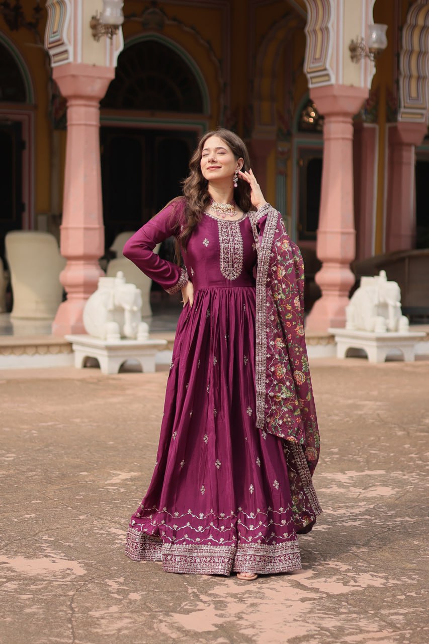 Chinon Sequins Embroidered Gown with Kalamkari Dupatta