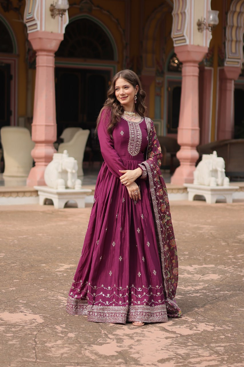 Chinon Sequins Embroidered Gown with Kalamkari Dupatta