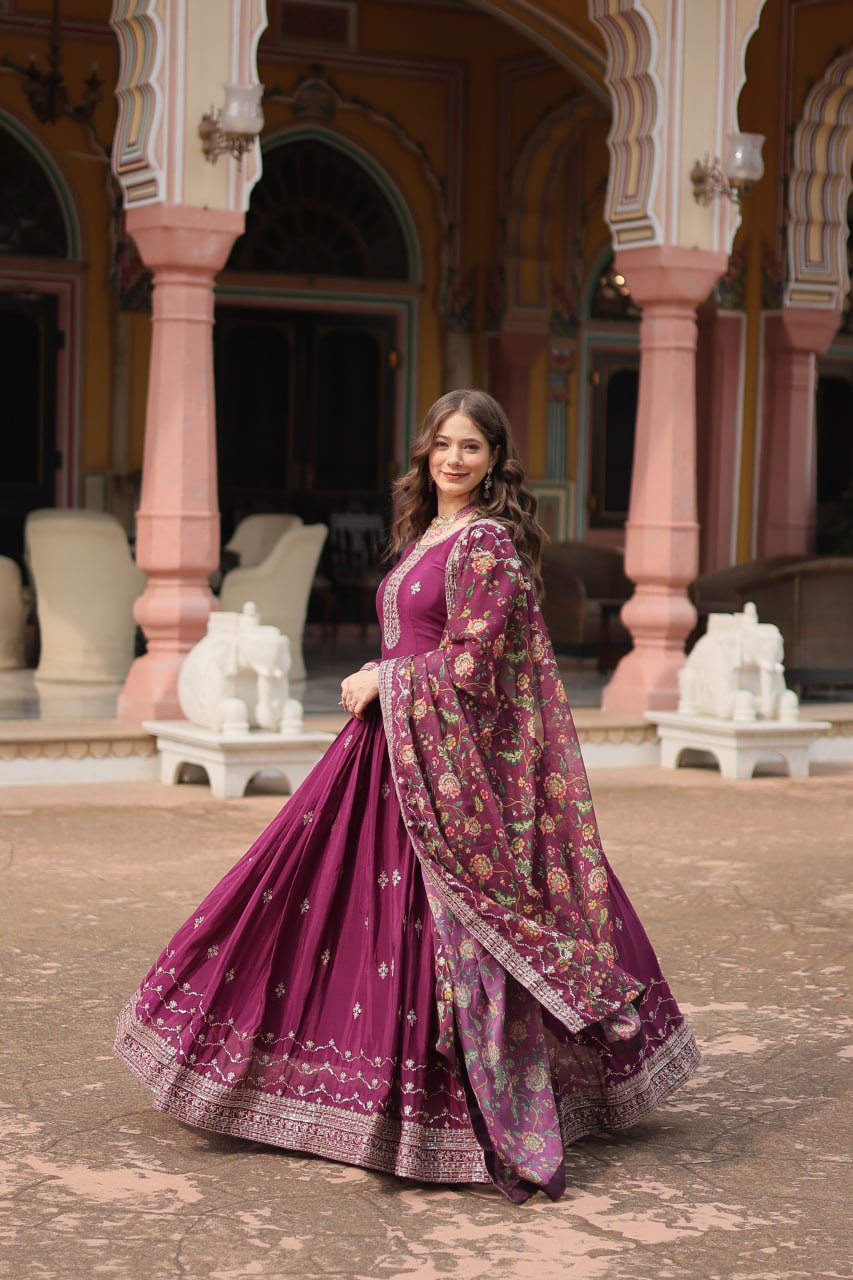 Chinon Sequins Embroidered Gown with Kalamkari Dupatta