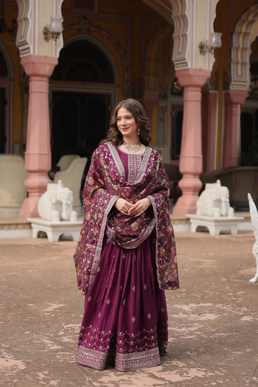 Chinon Sequins Embroidered Gown with Kalamkari Dupatta
