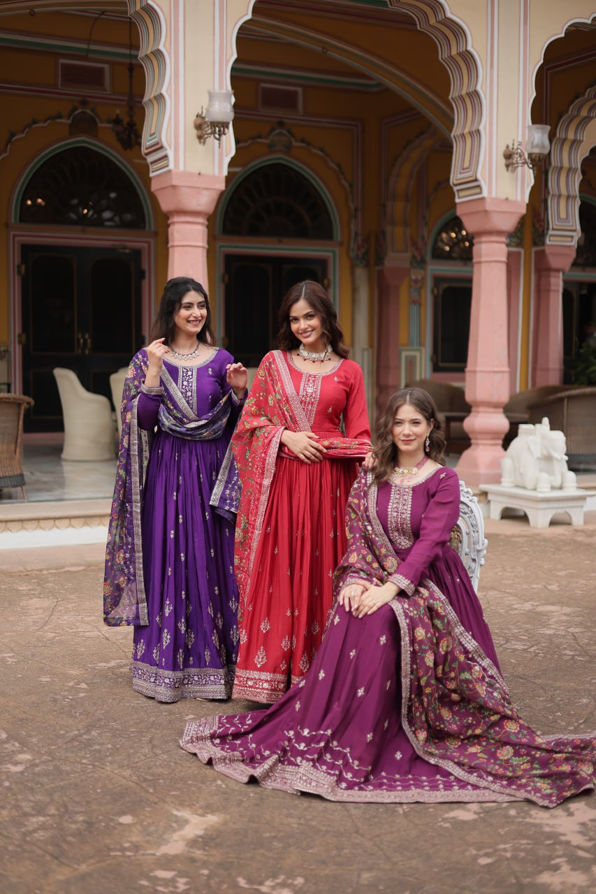 Chinon Sequins Embroidered Gown with Kalamkari Dupatta
