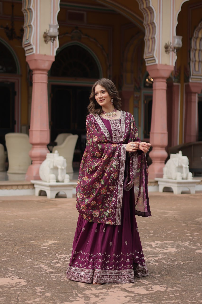 Chinon Sequins Embroidered Gown with Kalamkari Dupatta