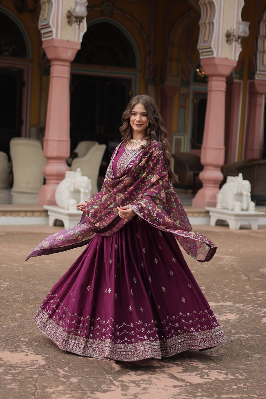 Chinon Sequins Embroidered Gown with Kalamkari Dupatta
