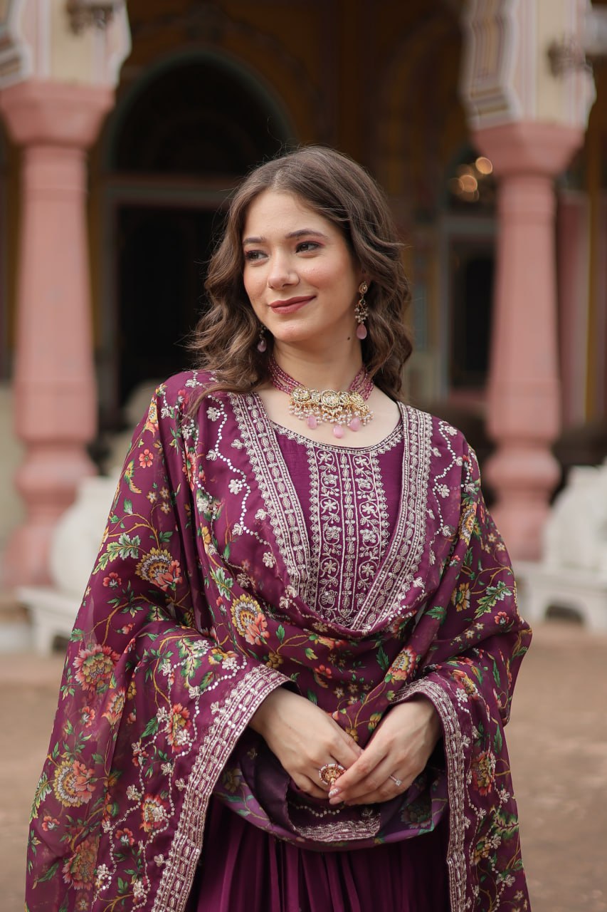 Chinon Sequins Embroidered Gown with Kalamkari Dupatta