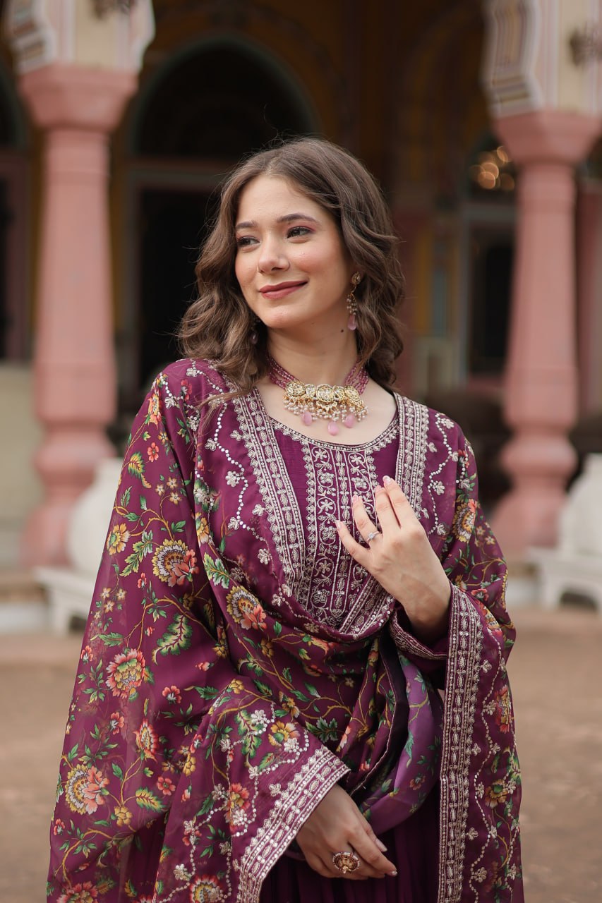 Chinon Sequins Embroidered Gown with Kalamkari Dupatta