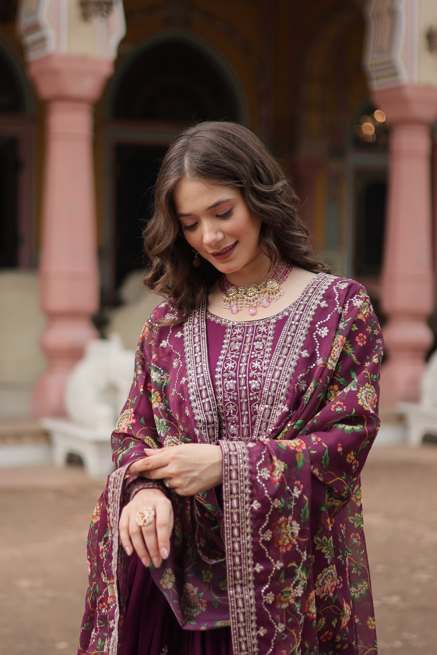 Chinon Sequins Embroidered Gown with Kalamkari Dupatta