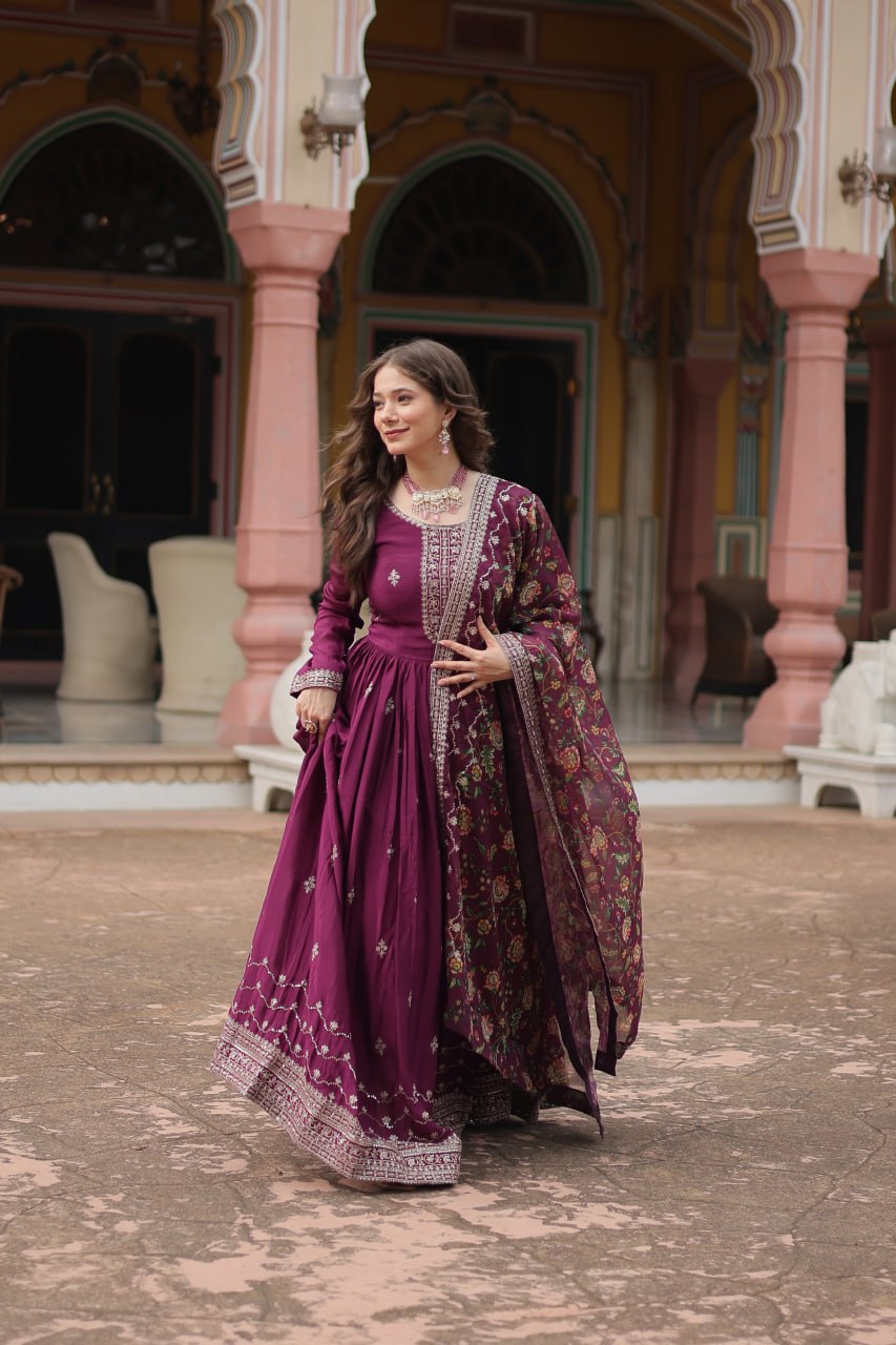Chinon Sequins Embroidered Gown with Kalamkari Dupatta