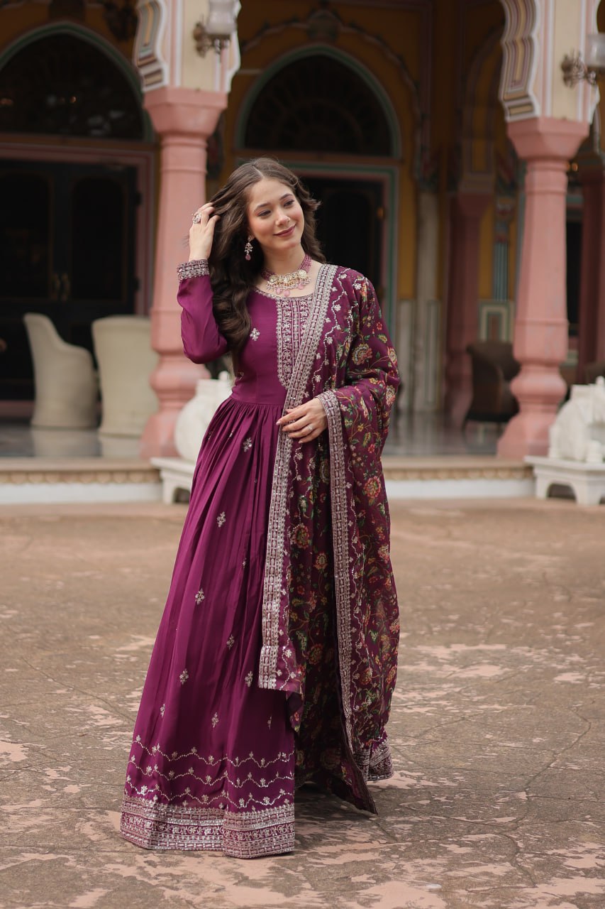 Chinon Sequins Embroidered Gown with Kalamkari Dupatta