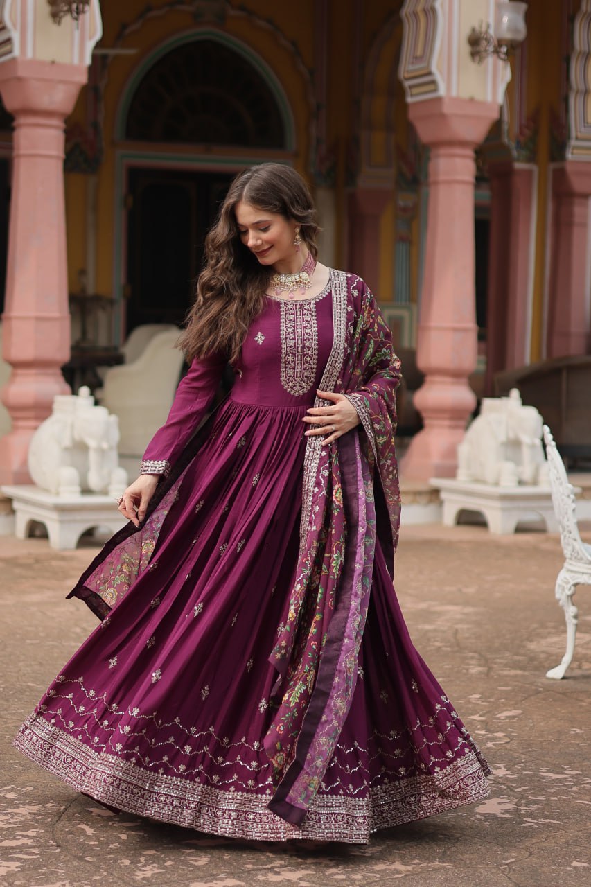 Chinon Sequins Embroidered Gown with Kalamkari Dupatta