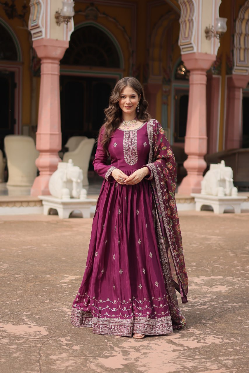 Chinon Sequins Embroidered Gown with Kalamkari Dupatta
