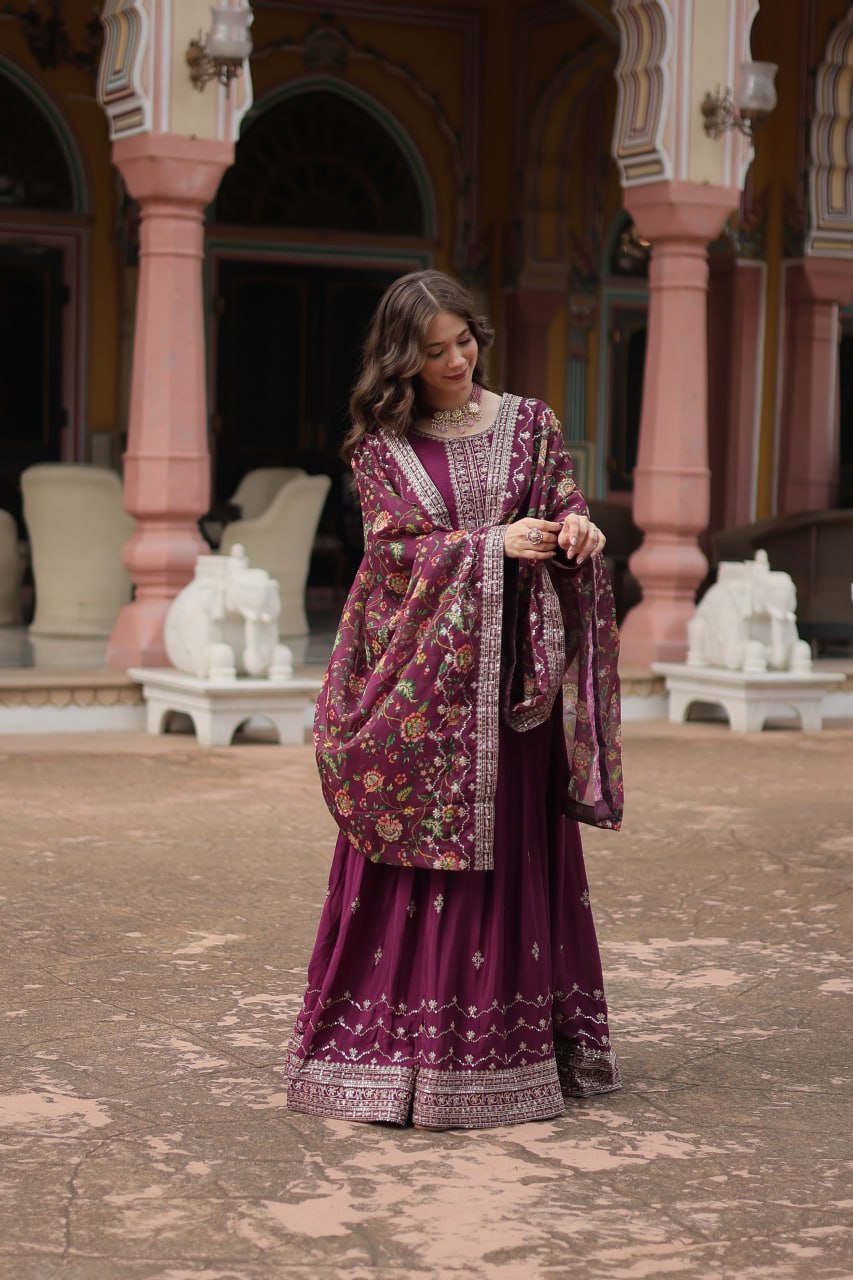 Chinon Sequins Embroidered Gown with Kalamkari Dupatta