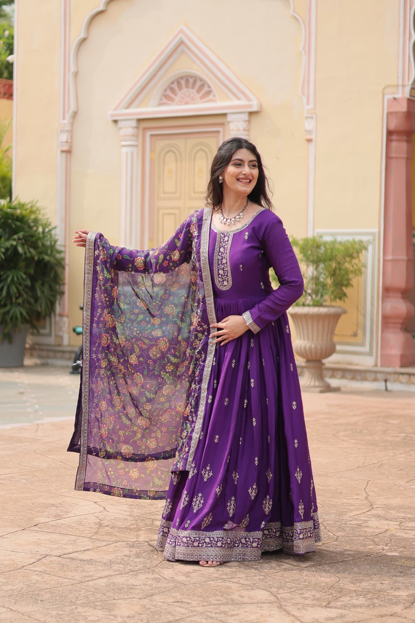 Chinon Sequins Embroidered Gown with Kalamkari Dupatta