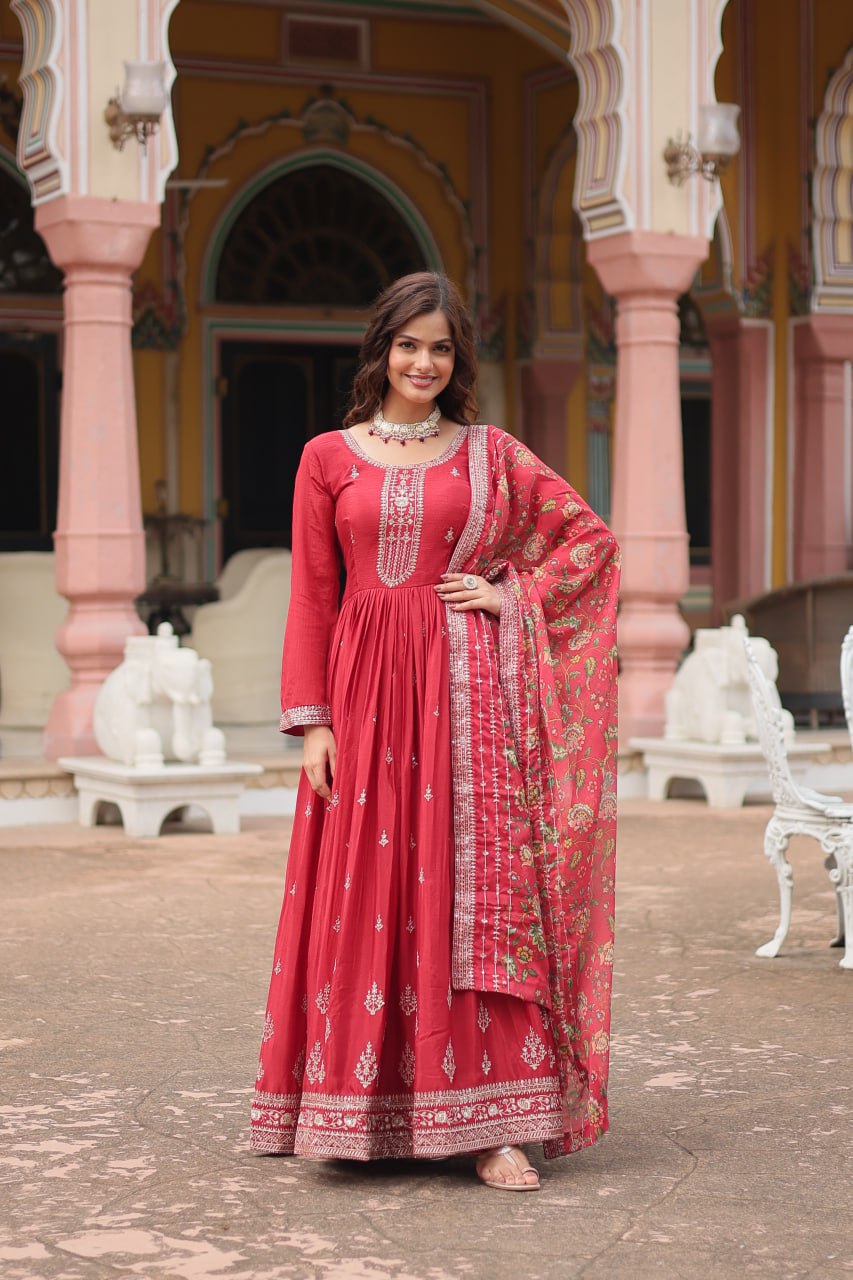 Chinon Sequins Embroidered Gown with Kalamkari Dupatta