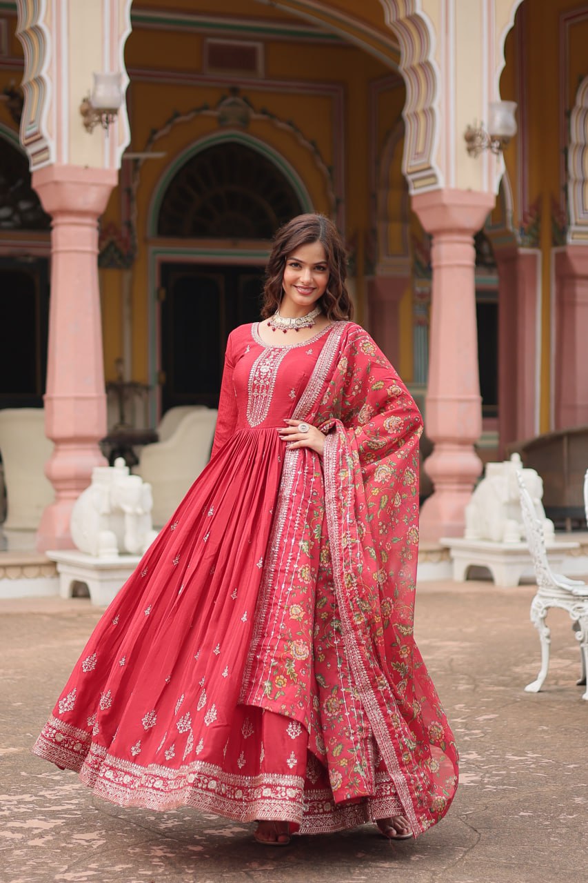 Chinon Sequins Embroidered Gown with Kalamkari Dupatta