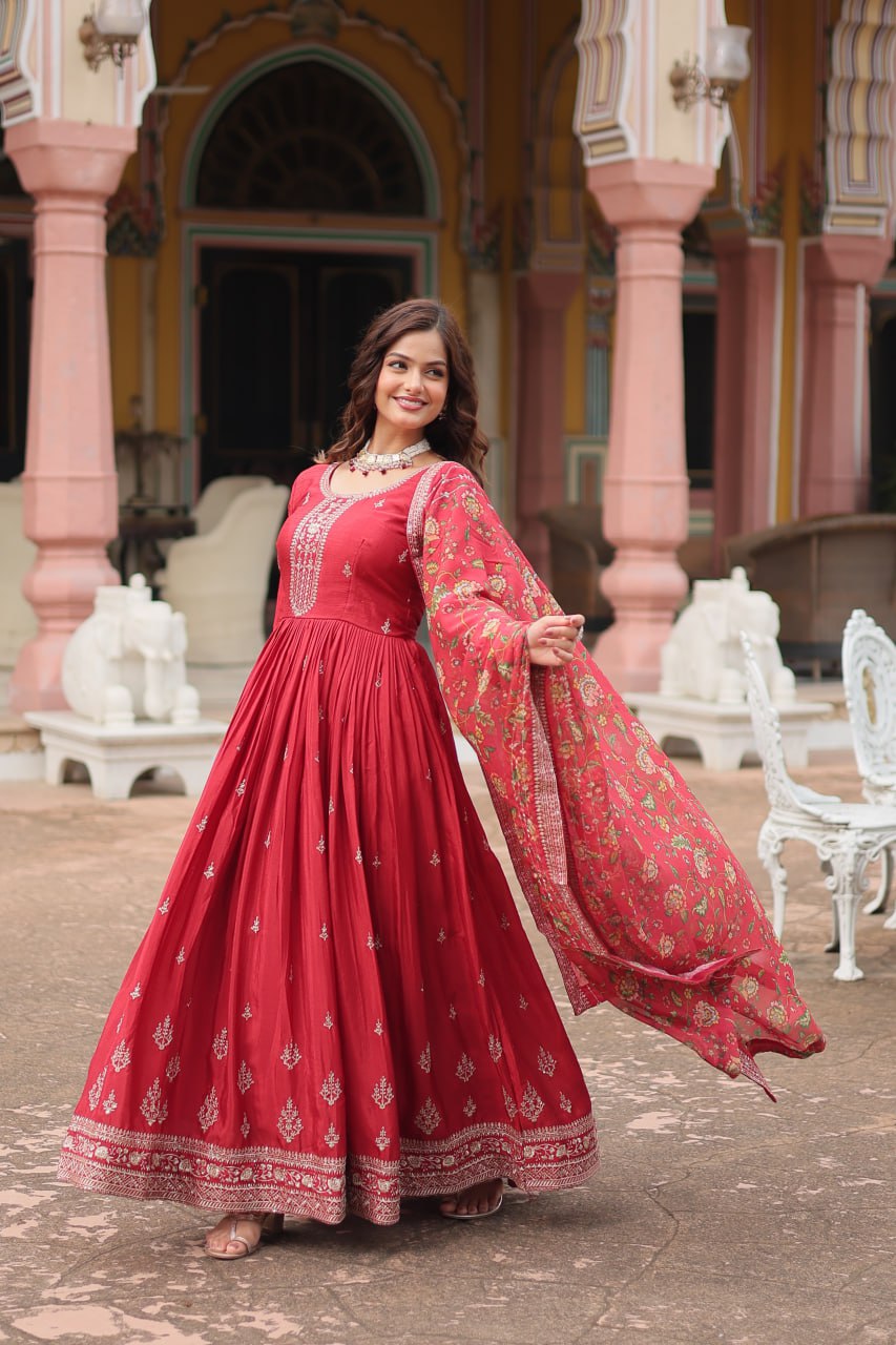 Chinon Sequins Embroidered Gown with Kalamkari Dupatta