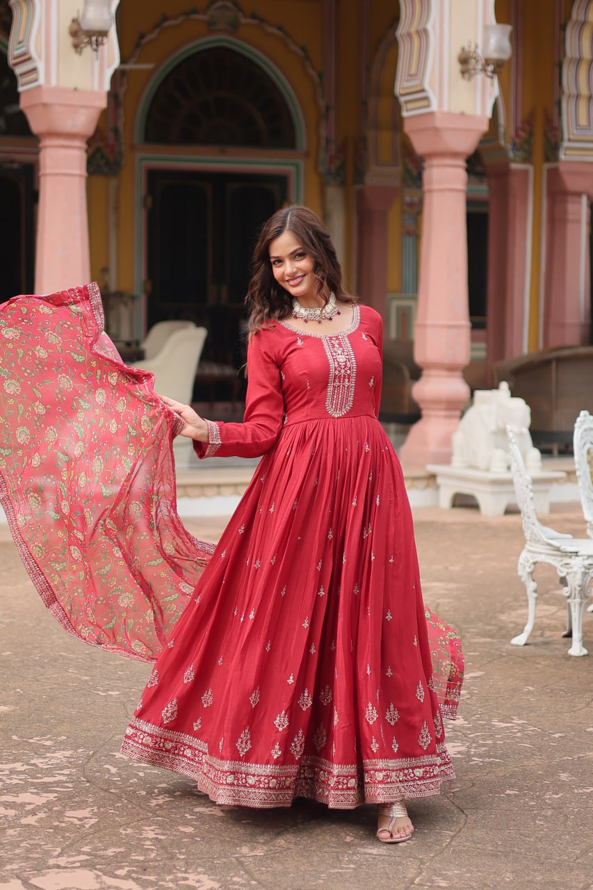 Chinon Sequins Embroidered Gown with Kalamkari Dupatta