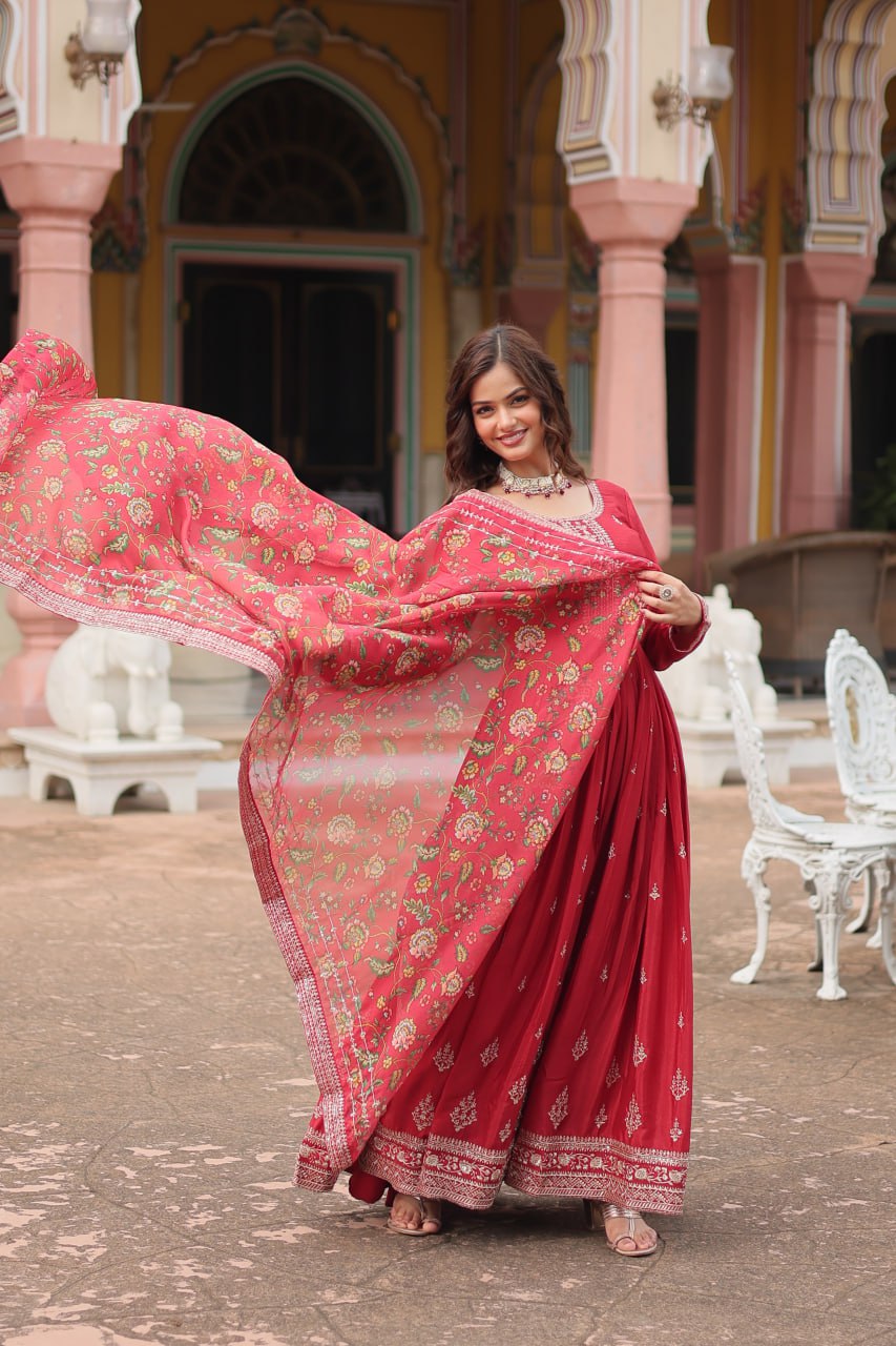 Chinon Sequins Embroidered Gown with Kalamkari Dupatta