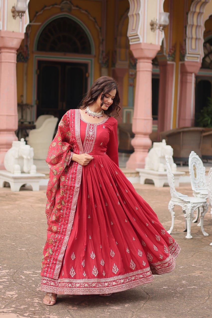 Chinon Sequins Embroidered Gown with Kalamkari Dupatta