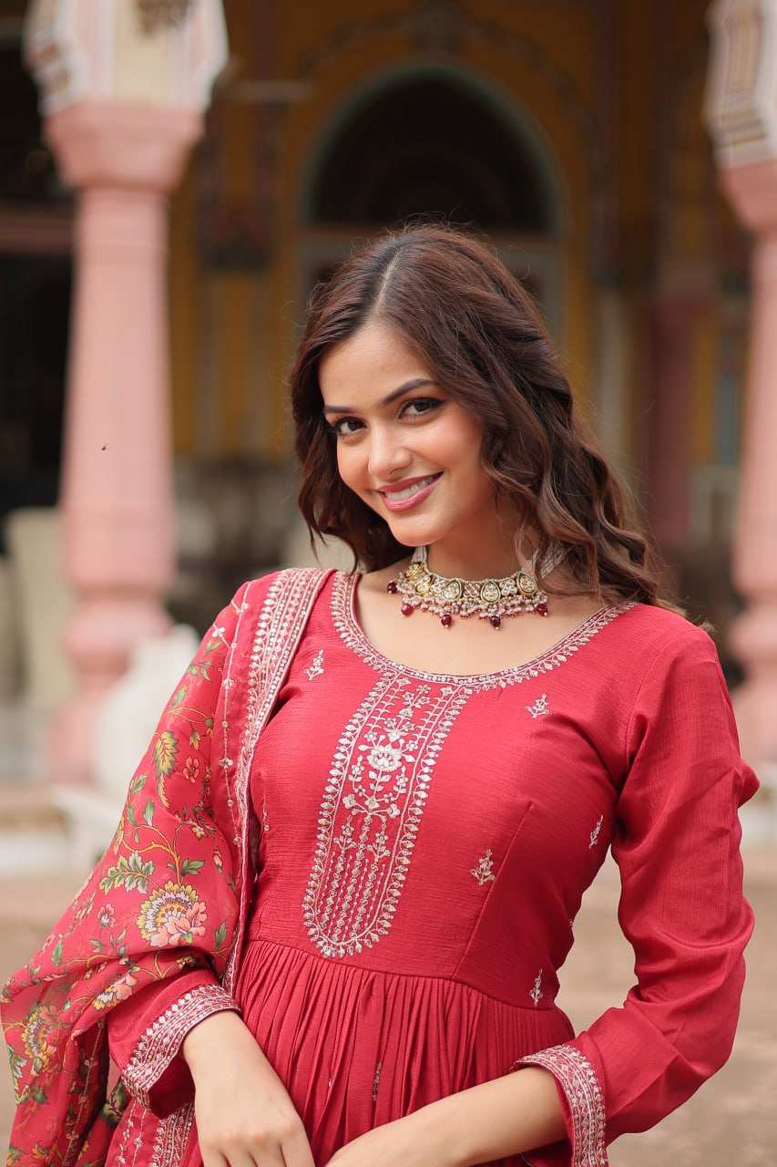 Chinon Sequins Embroidered Gown with Kalamkari Dupatta
