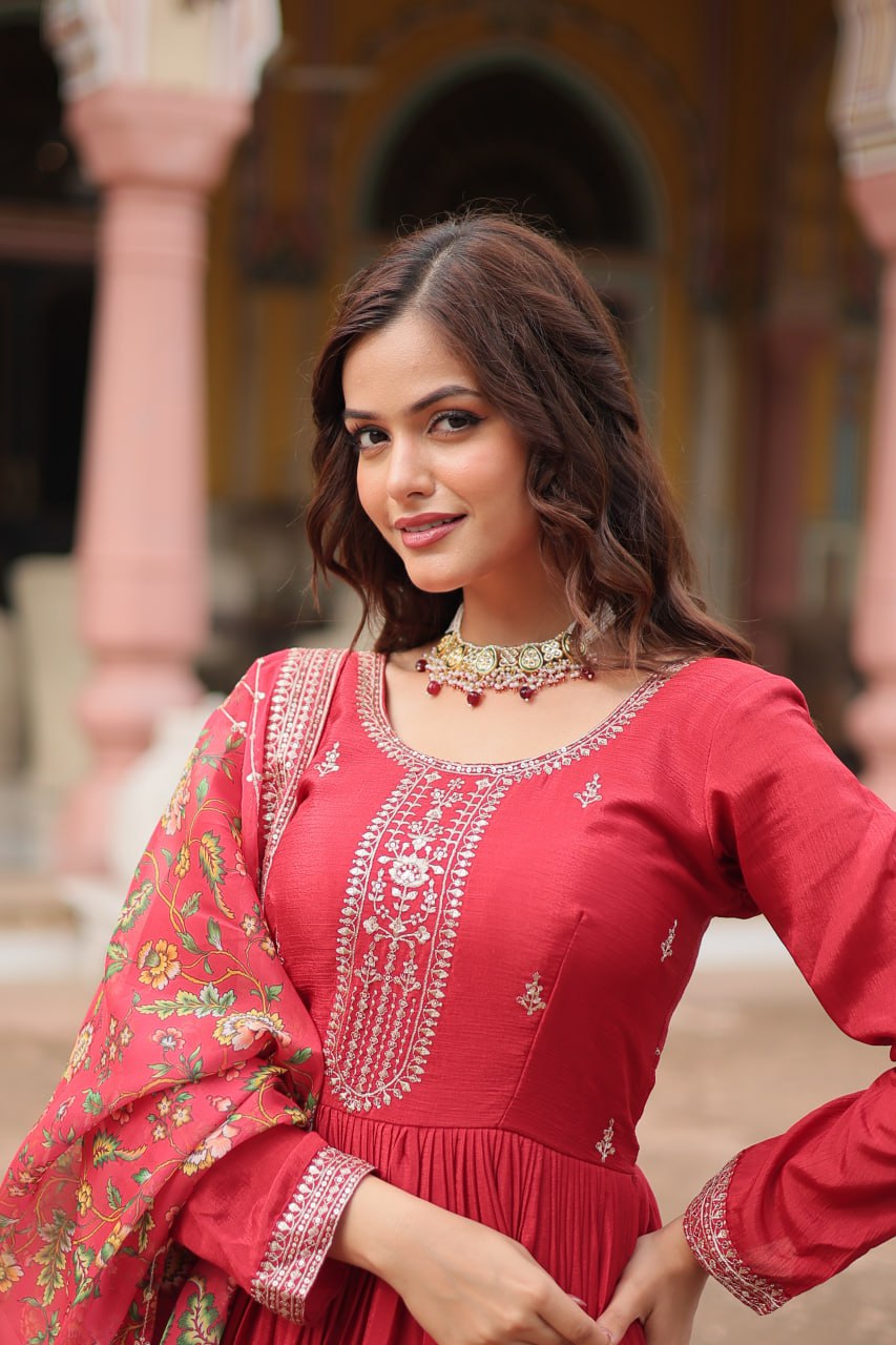 Chinon Sequins Embroidered Gown with Kalamkari Dupatta