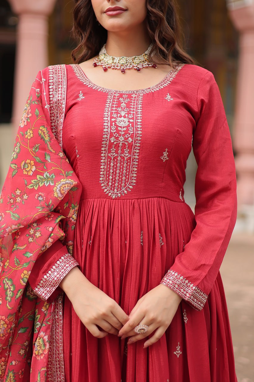 Chinon Sequins Embroidered Gown with Kalamkari Dupatta