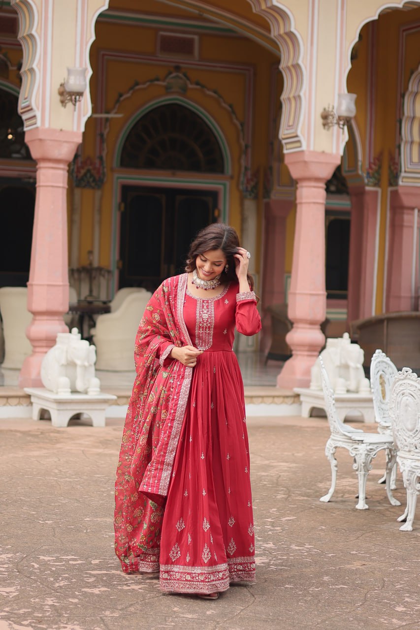 Chinon Sequins Embroidered Gown with Kalamkari Dupatta