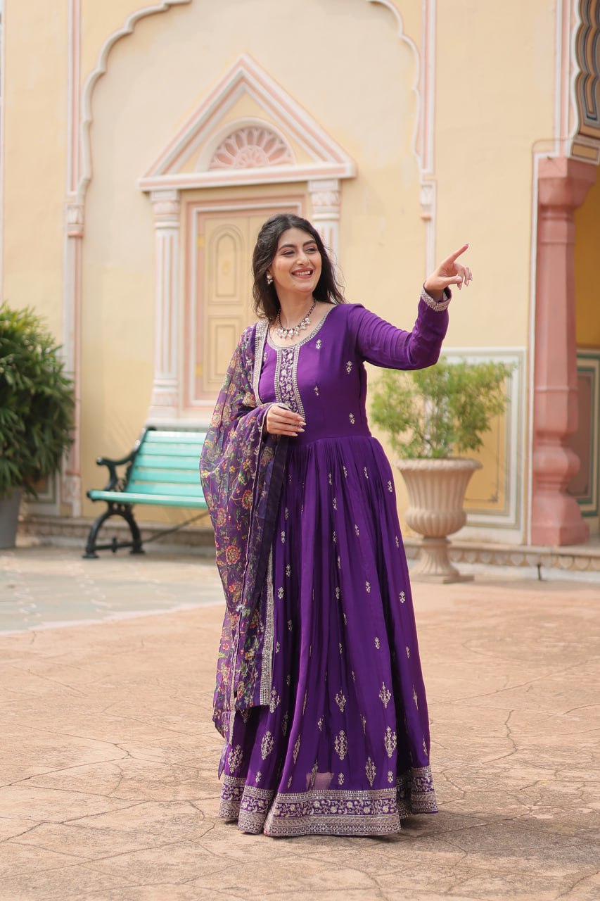 Chinon Sequins Embroidered Gown with Kalamkari Dupatta