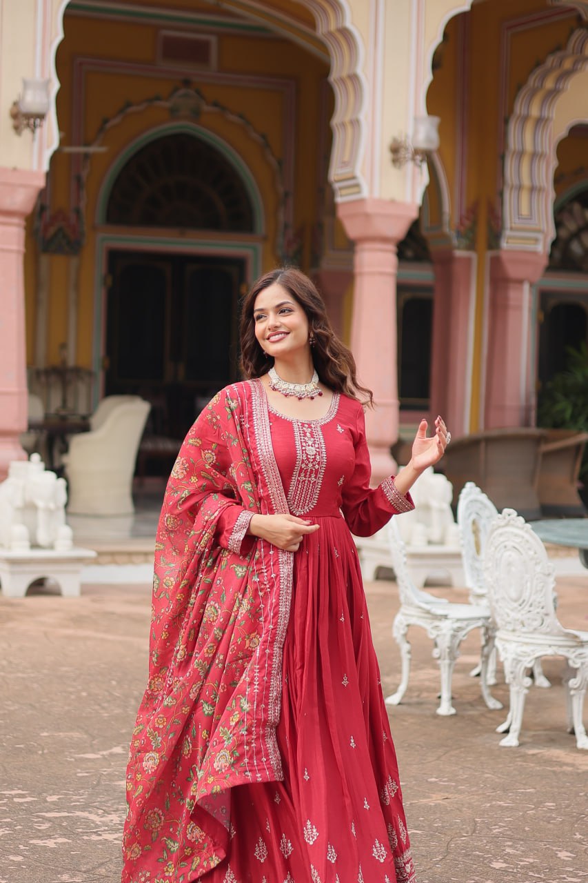 Chinon Sequins Embroidered Gown with Kalamkari Dupatta