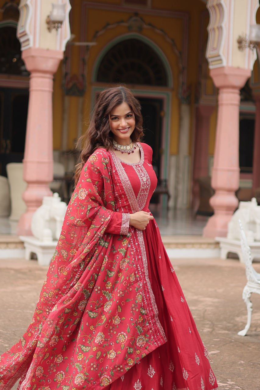 Chinon Sequins Embroidered Gown with Kalamkari Dupatta