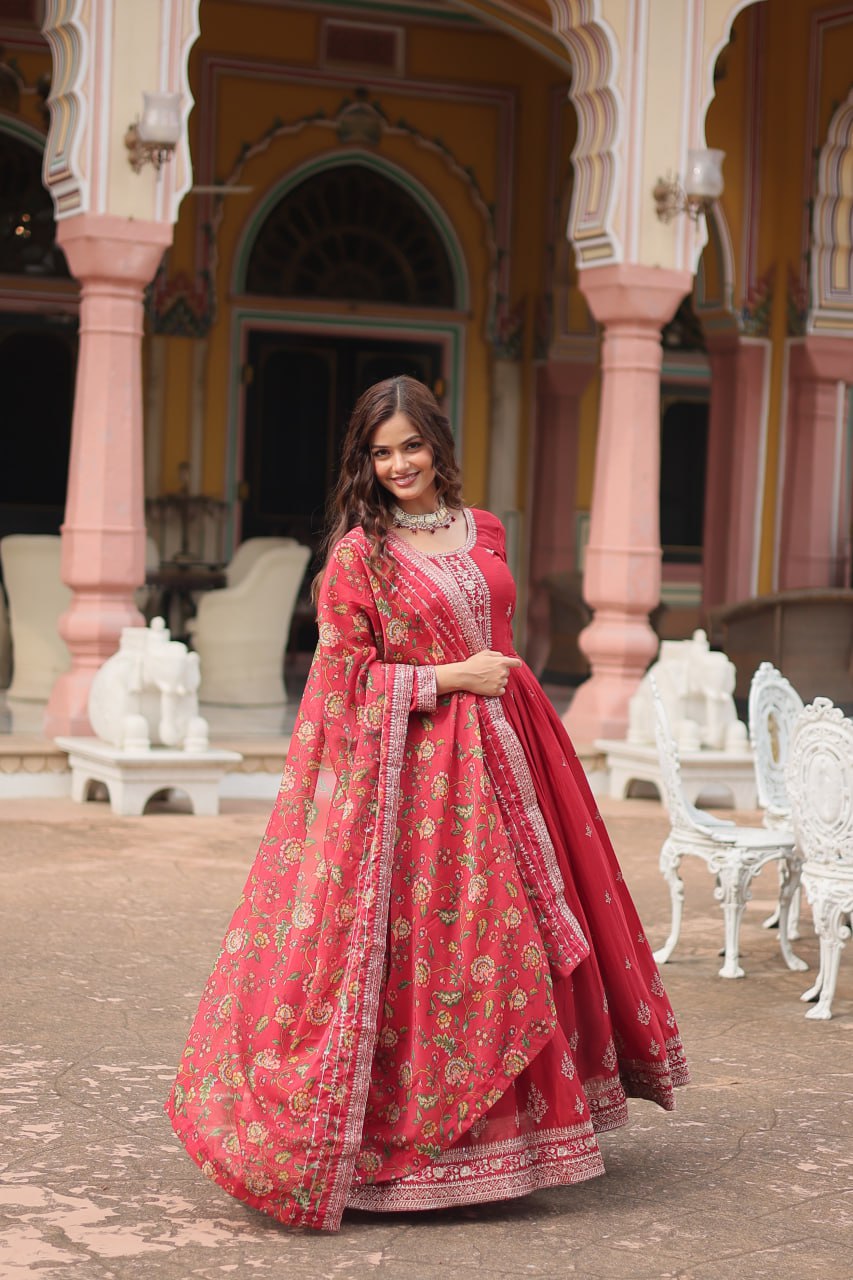 Chinon Sequins Embroidered Gown with Kalamkari Dupatta