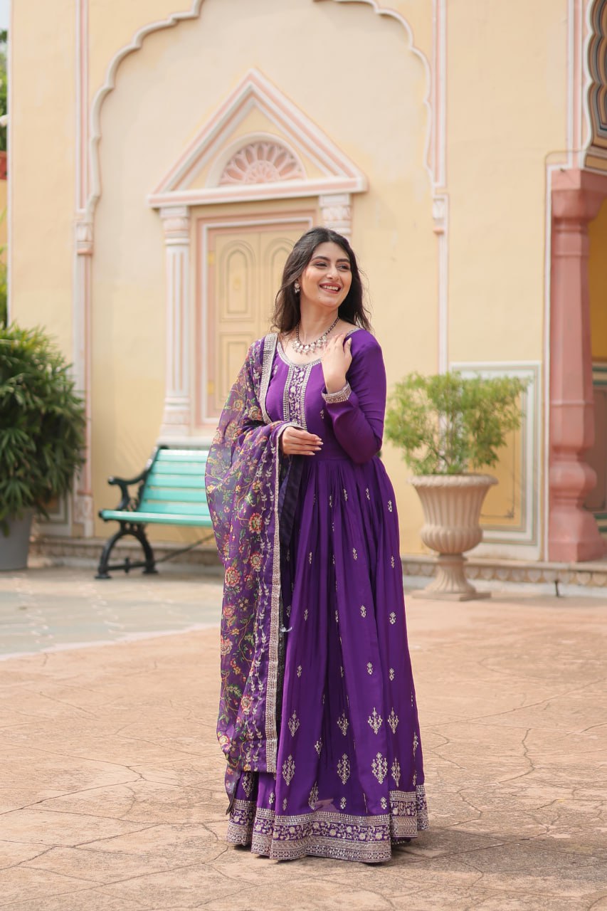 Chinon Sequins Embroidered Gown with Kalamkari Dupatta