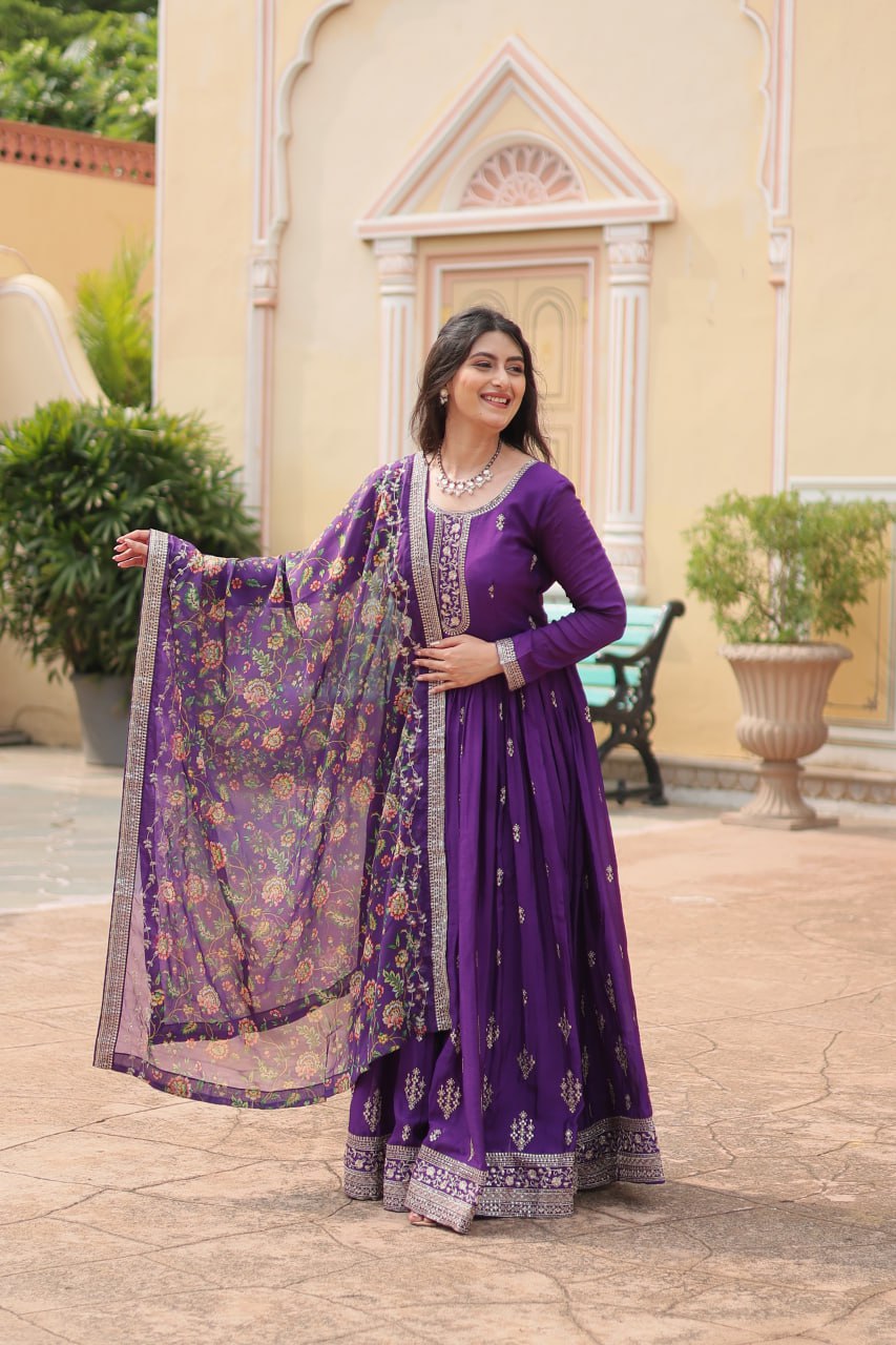 Chinon Sequins Embroidered Gown with Kalamkari Dupatta