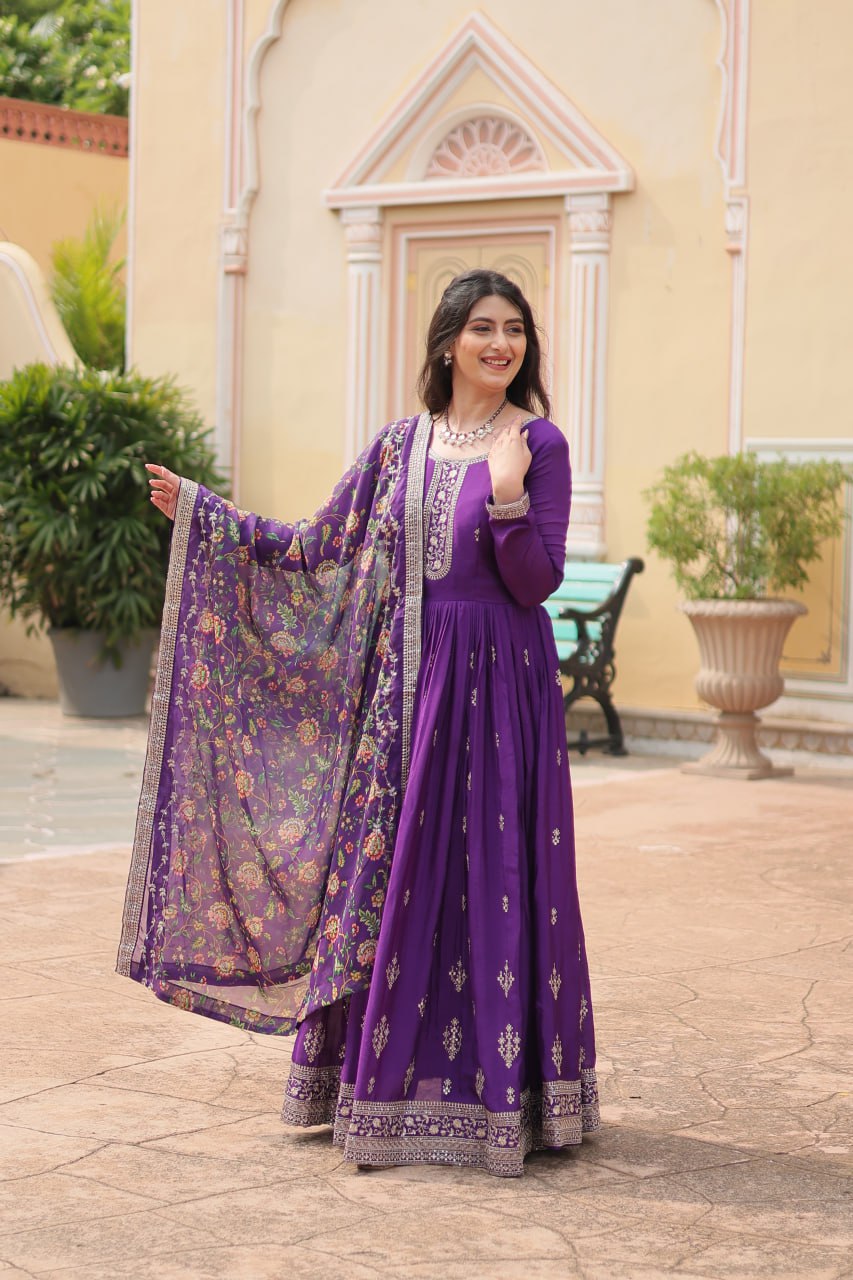 Chinon Sequins Embroidered Gown with Kalamkari Dupatta