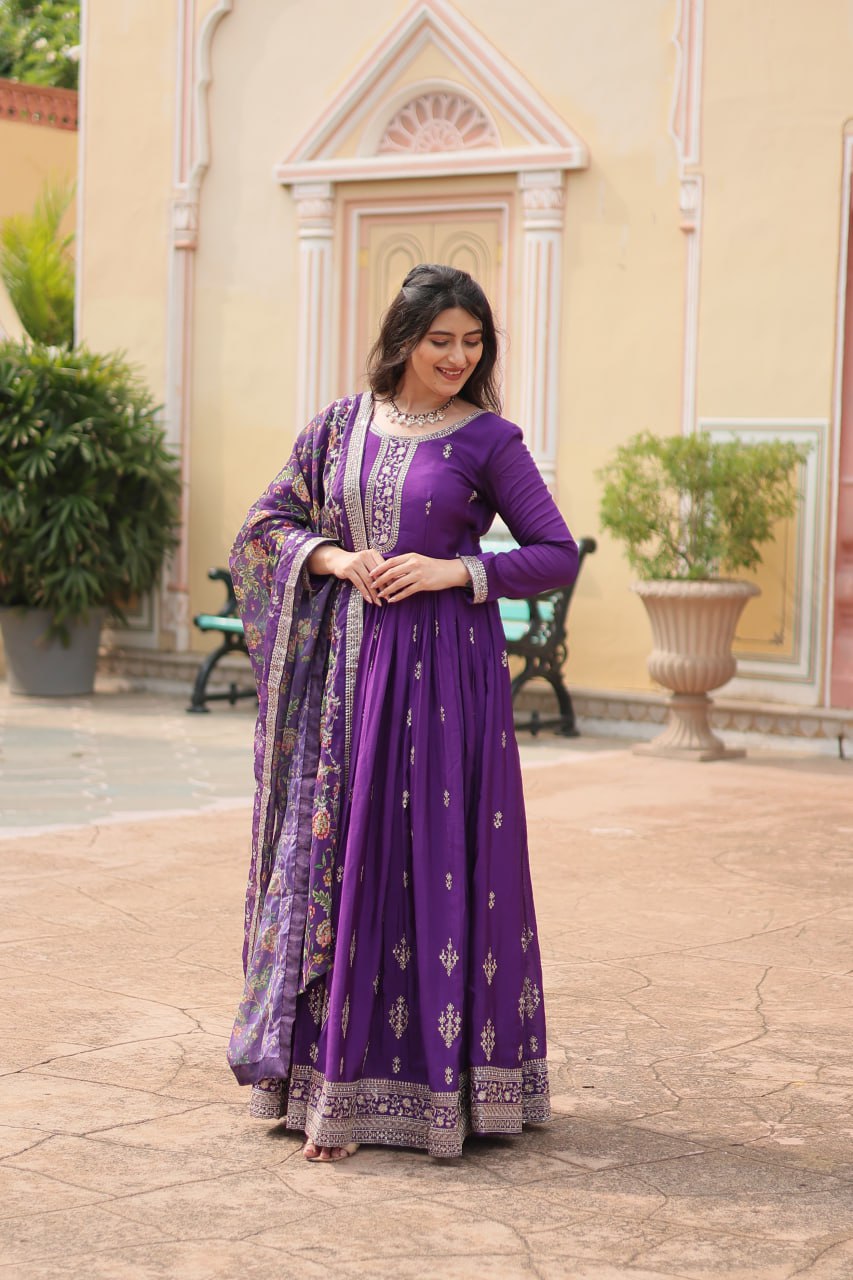 Chinon Sequins Embroidered Gown with Kalamkari Dupatta
