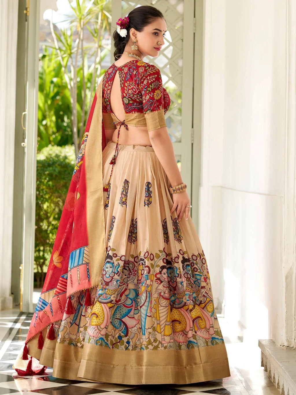 Classic Cream Kalamkari Print Dola Silk Festive Wear Lehenga Choli