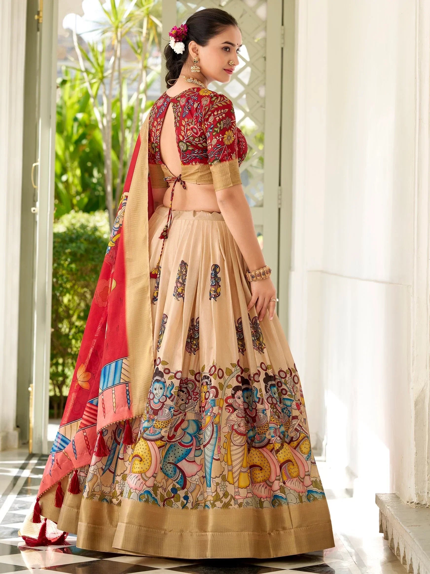 Classic Cream Kalamkari Print Dola Silk Festive Wear Lehenga Choli