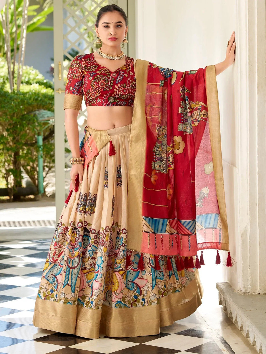 Classic Cream Kalamkari Print Dola Silk Festive Wear Lehenga Choli
