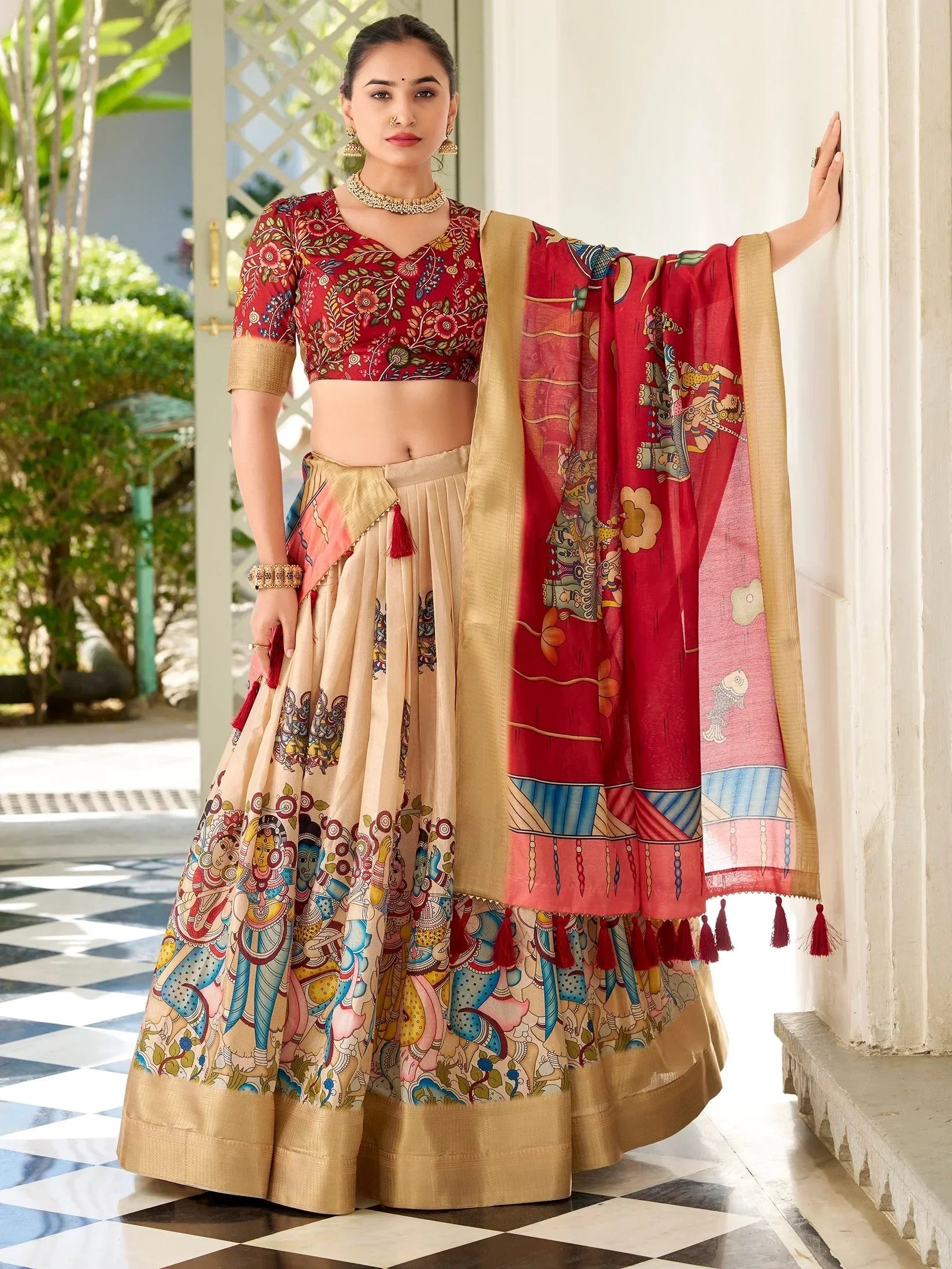 Classic Cream Kalamkari Print Dola Silk Festive Wear Lehenga Choli