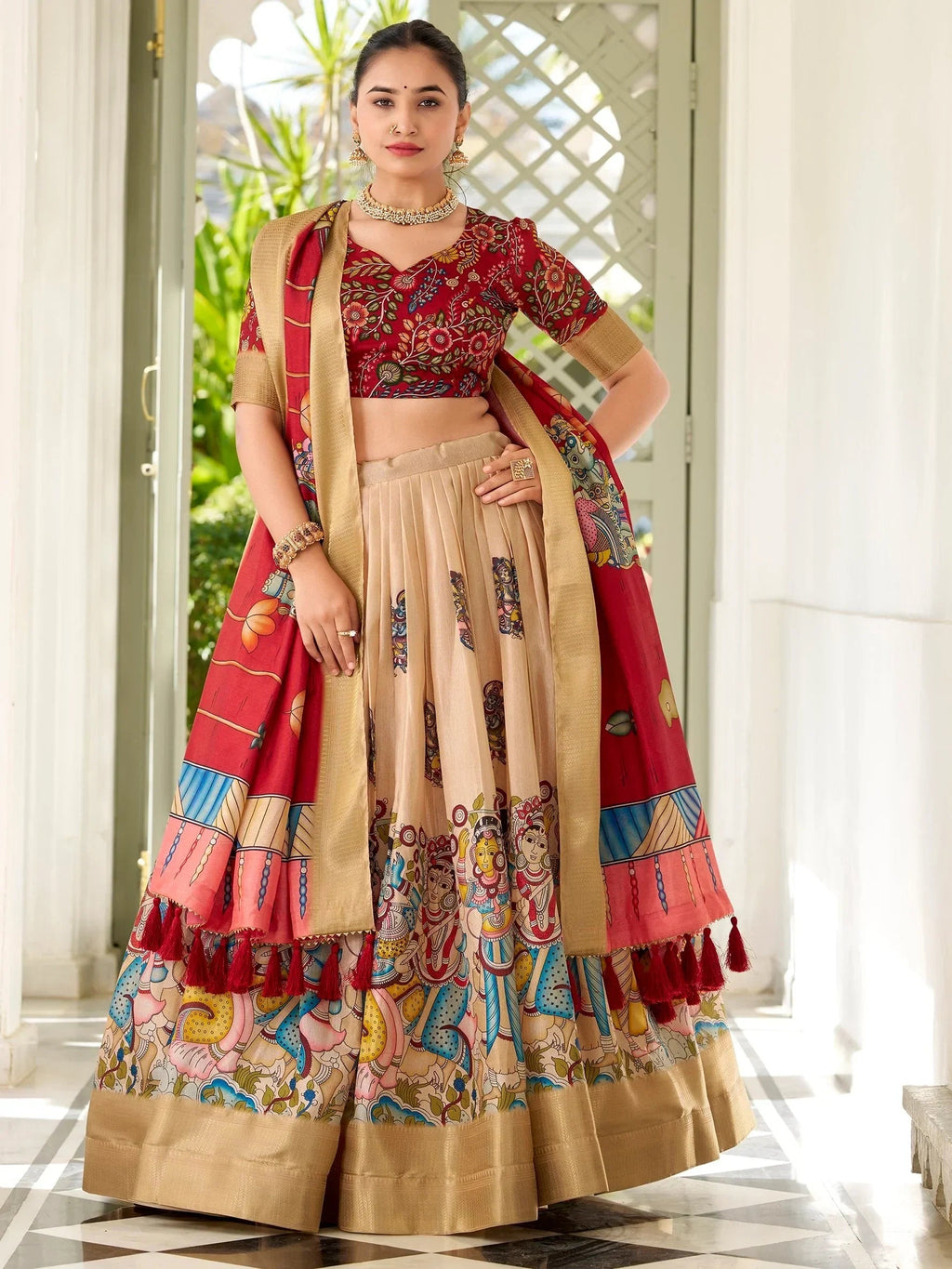 Classic Cream Kalamkari Print Dola Silk Festive Wear Lehenga Choli