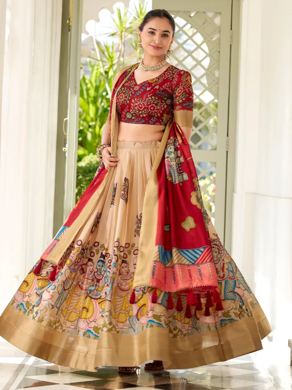Classic Cream Kalamkari Print Dola Silk Festive Wear Lehenga Choli