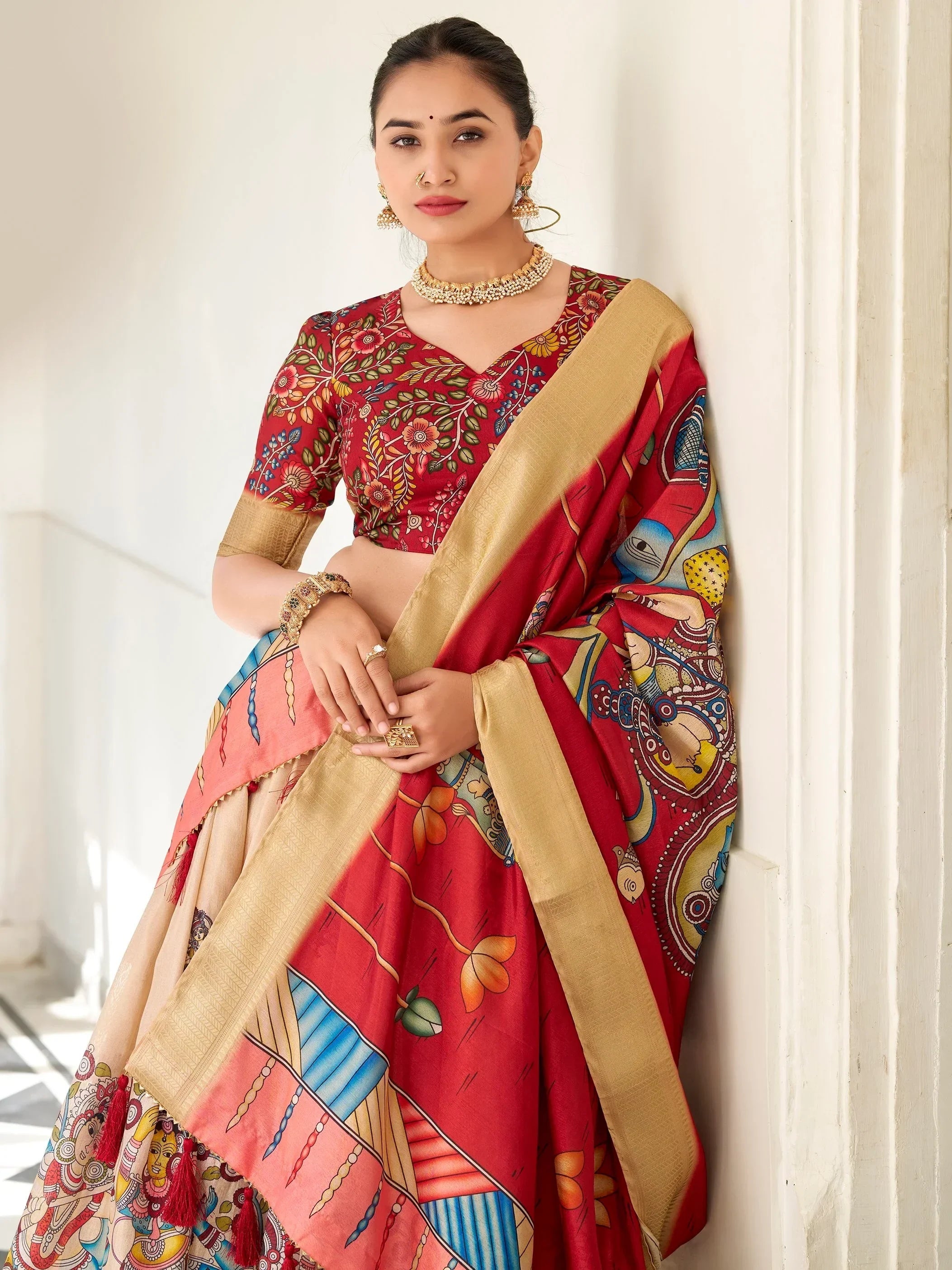 Classic Cream Kalamkari Print Dola Silk Festive Wear Lehenga Choli