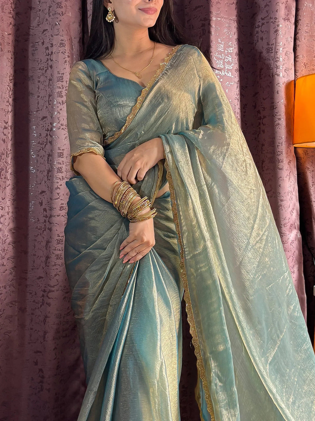 Contemporary Blue Soft Silk Beads Hand Work Saree With Blouse