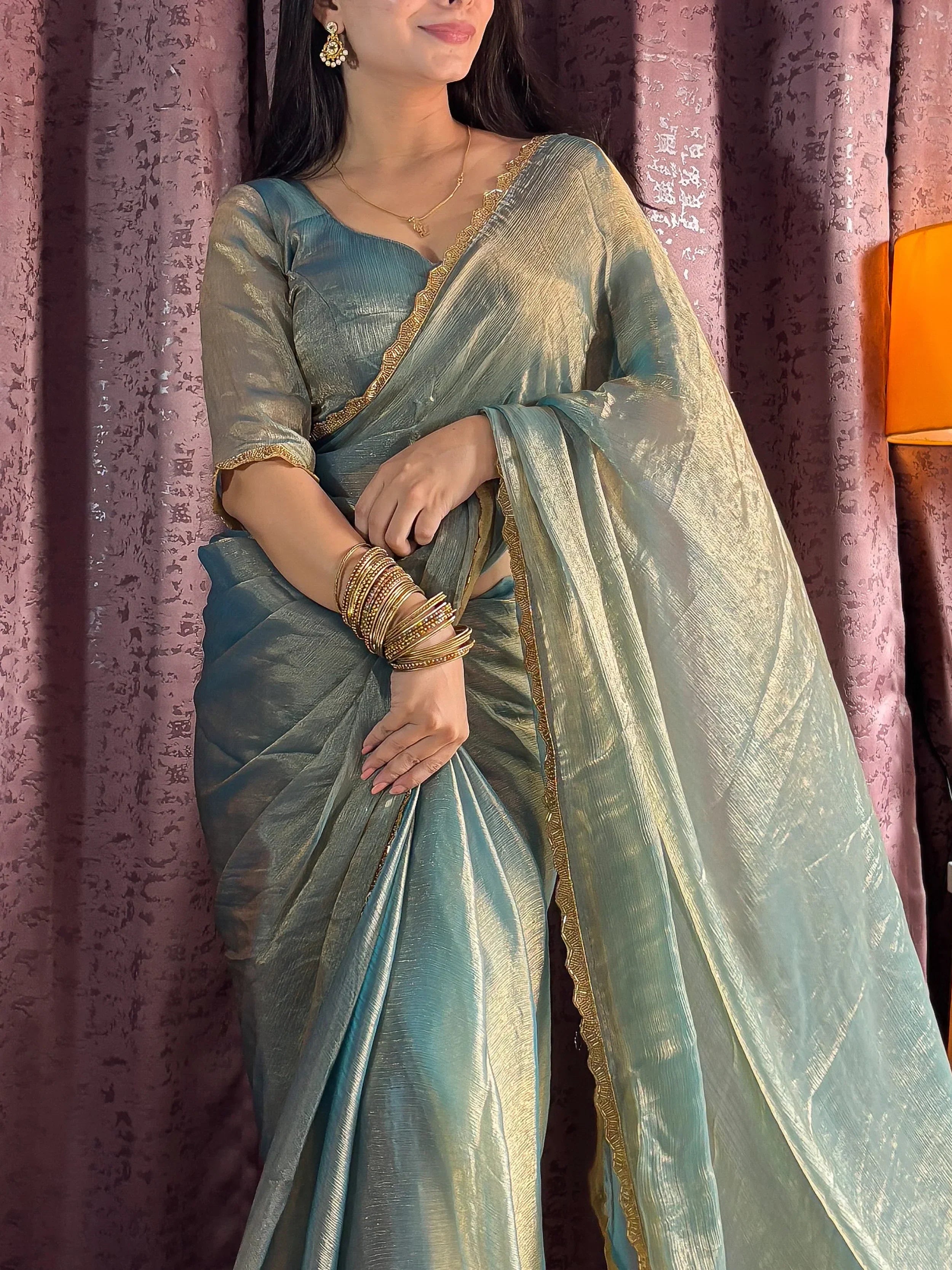 Contemporary Blue Soft Silk Beads Hand Work Saree With Blouse